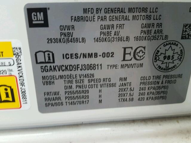 5GAKVCKD9FJ306811 - 2015 BUICK ENCLAVE WHITE photo 10