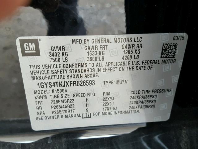 1GYS4TKJXFR626593 - 2015 CADILLAC ESCALADE E BLACK photo 10