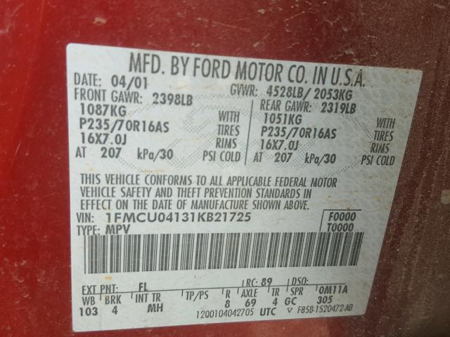 1FMCU04131KB21725 - 2001 FORD ESCAPE XLT RED photo 10