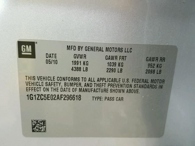 1G1ZC5E02AF296618 - 2010 CHEVROLET MALIBU 1LT SILVER photo 10