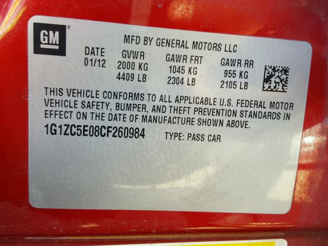 1G1ZC5E08CF260984 - 2012 CHEVROLET MALIBU 1LT MAROON photo 10