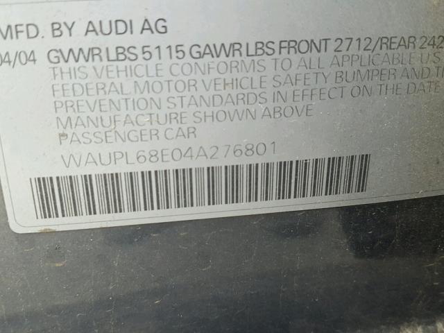 WAUPL68E04A276801 - 2004 AUDI S4 GRAY photo 10