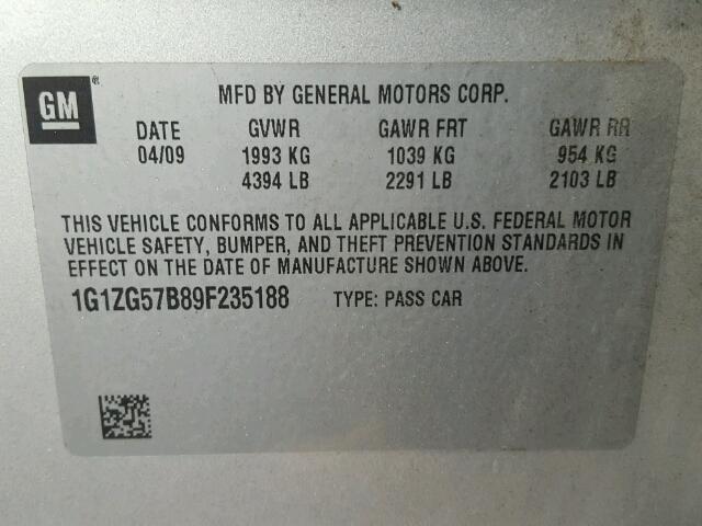 1G1ZG57B89F235188 - 2009 CHEVROLET MALIBU LS ვერცხლისფერი ფოტო 10