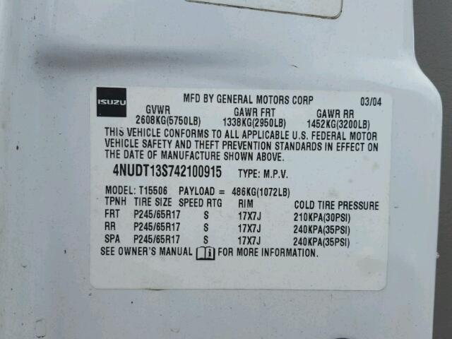 4NUDT13S742100915 - 2004 ISUZU ASCENDER S 白色 照片 10