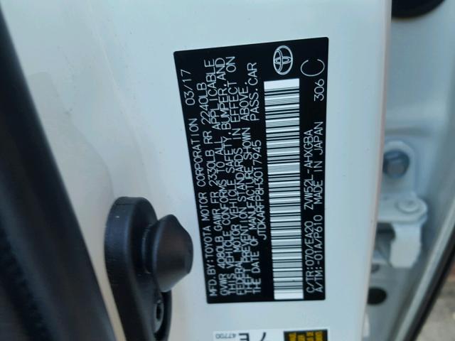 JTDKARFP8H3017945 - 2017 TOYOTA PRIUS PRIM თეთრი ფოტო 10