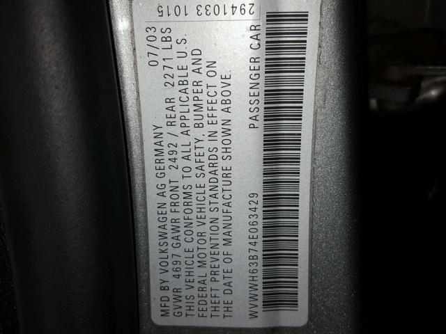 WVWWH63B74E063429 - 2004 VOLKSWAGEN PASSAT GLX GRAY photo 10