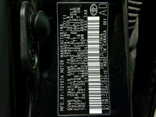 2T1BU4EE0BC604472 - 2011 TOYOTA COROLLA BA BLACK photo 10