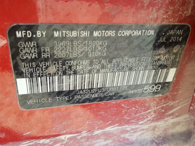 JA32U2FU3FU001775 - 2015 MITSUBISHI LANCER ES RED photo 10