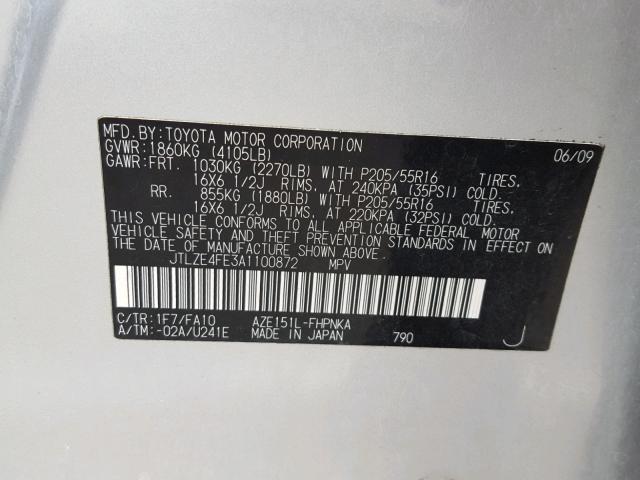 JTLZE4FE3A1100872 - 2010 TOYOTA SCION XB Plata foto 10