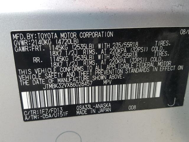 JTMBK32VX86028457 - 2008 TOYOTA RAV4 SPORT SILVER photo 10