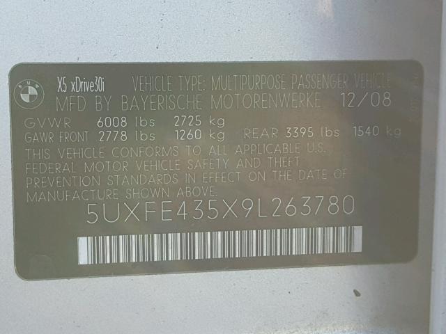 5UXFE435X9L263780 - 2009 BMW X5 XDRIVE3 SILVER photo 10