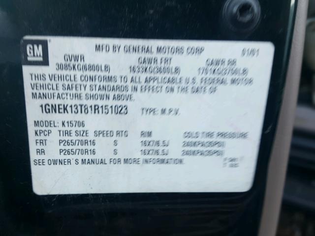 1GNEK13T81R151023 - 2001 CHEVROLET TAHOE K150 GREEN photo 10