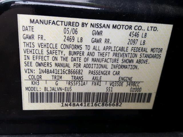 1N4BA41E16C866682 - 2006 NISSAN MAXIMA SE BLACK photo 10