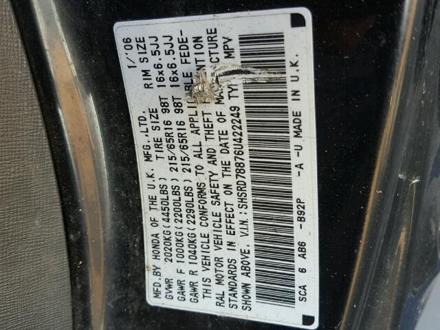 SHSRD78876U422249 - 2006 HONDA CR-V EX შავი ფოტო 10