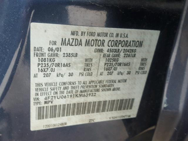 4F2YU06191KM63932 - 2001 MAZDA TRIBUTE DX 蓝色 照片 10