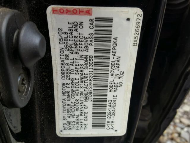 JTDBE32K620113058 - 2002 TOYOTA CAMRY LE BLACK photo 10