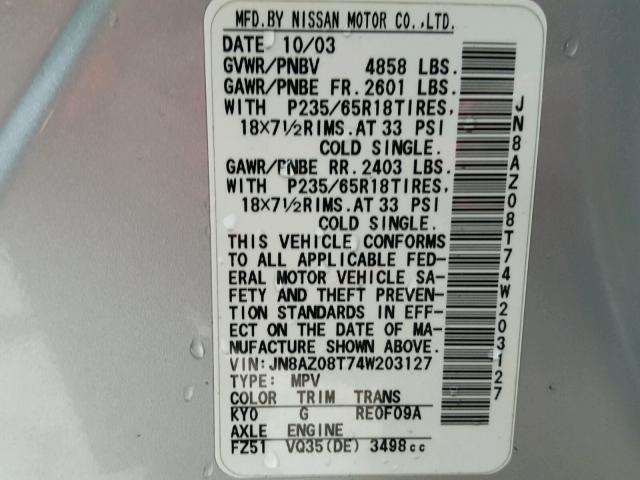 JN8AZ08T74W203127 - 2004 NISSAN MURANO SL SILVER photo 10