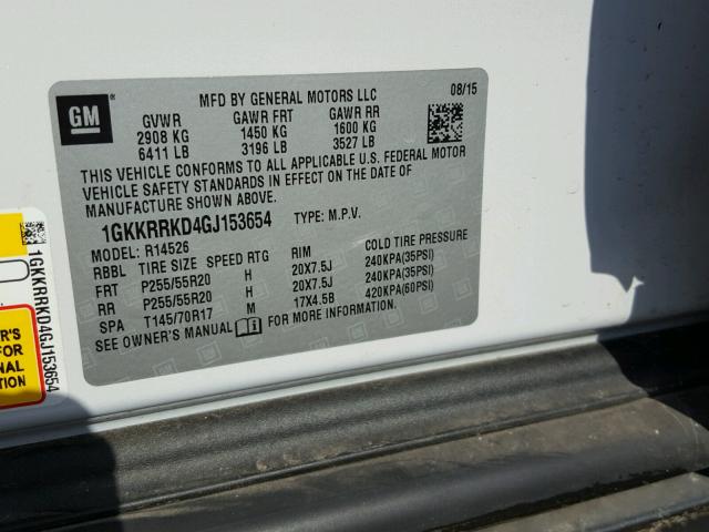 1GKKRRKD4GJ153654 - 2016 GMC ACADIA SLT თეთრი ფოტო 10