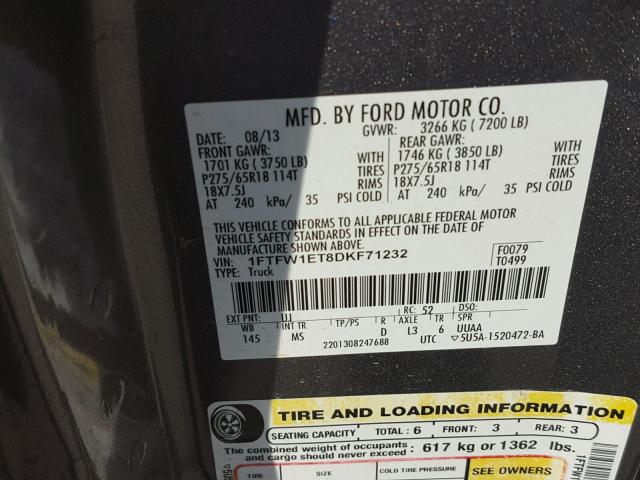 1FTFW1ET8DKF71232 - 2013 FORD F150 SUPER GRAY photo 10