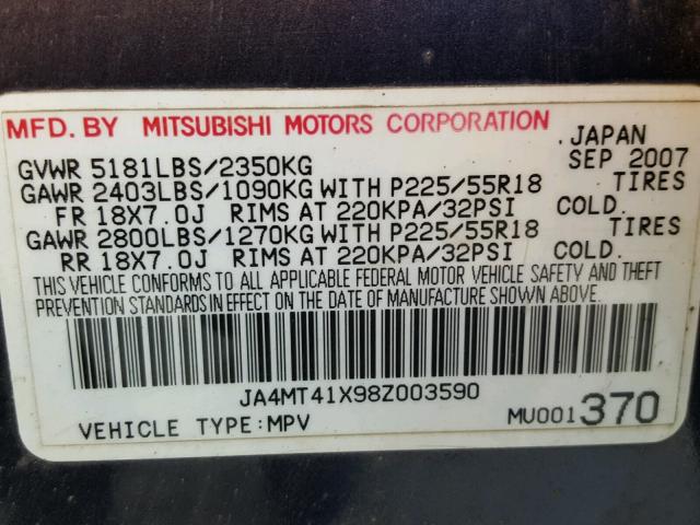 JA4MT41X98Z003590 - 2008 MITSUBISHI OUTLANDER GRAY photo 10