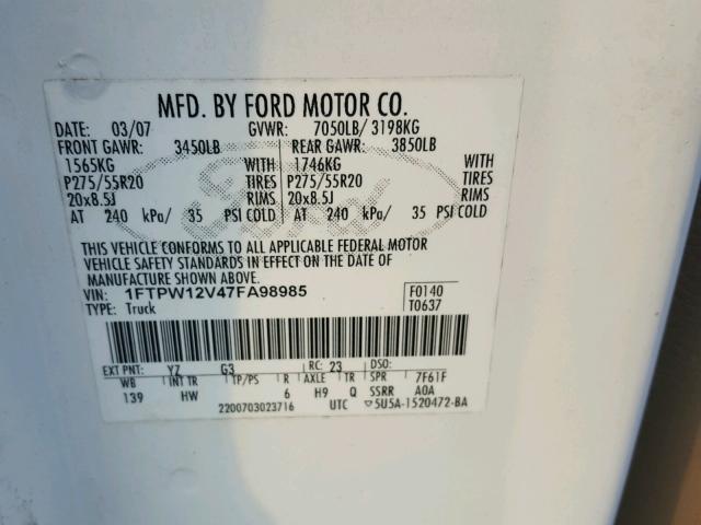 1FTPW12V47FA98985 - 2007 FORD F150 SUPER WHITE photo 10