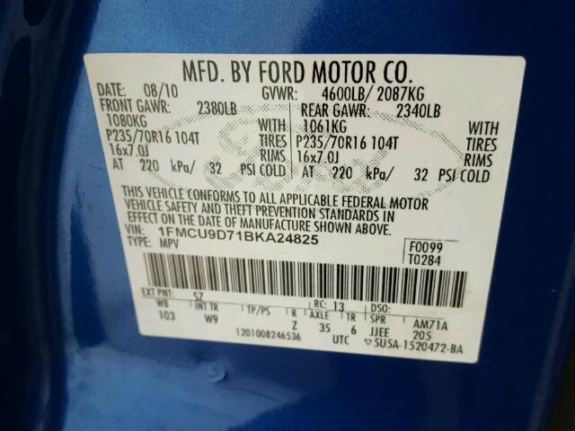 1FMCU9D71BKA24825 - 2011 FORD ESCAPE XLT BLUE photo 10