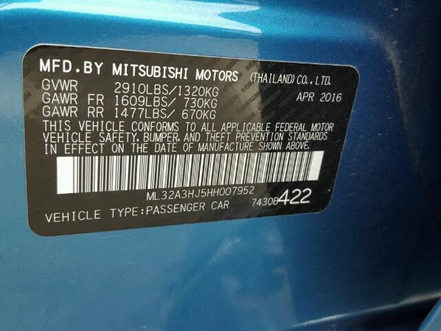 ML32A3HJ5HH007952 - 2017 MITSUBISHI MIRAGE ES BLUE photo 10