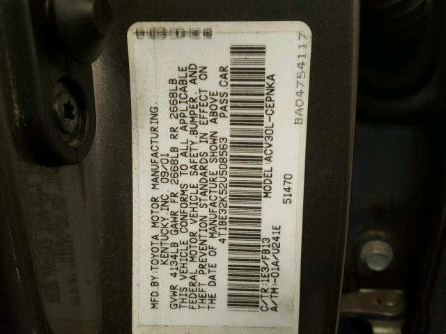 4T1BE32K52U508563 - 2002 TOYOTA CAMRY LE ნაცრისფერი ფოტო 10