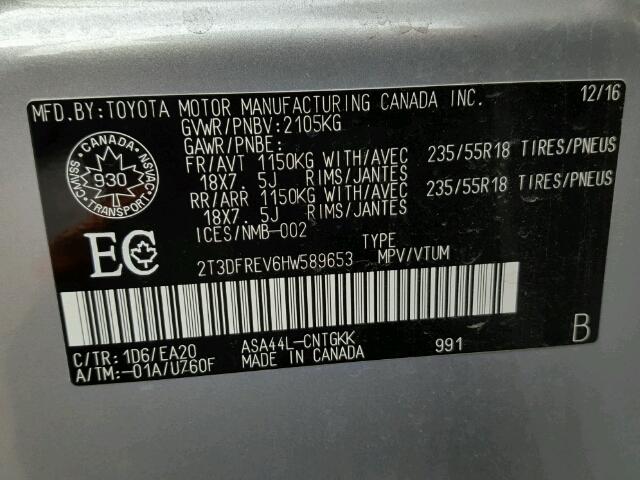 2T3DFREV6HW589653 - 2017 TOYOTA RAV4 LIMIT SILVER photo 10