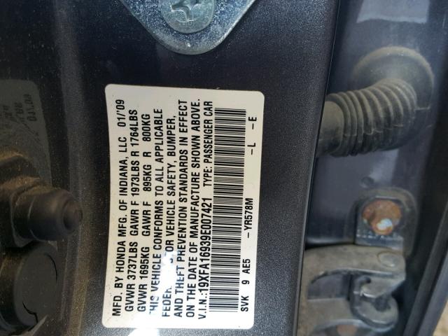 19XFA16939E007421 - 2009 HONDA CIVIC EXL ყავისფერი ფოტო 10