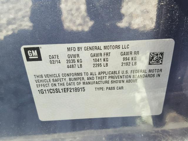 1G11C5SL1EF218915 - 2014 CHEVROLET MALIBU 1LT BLUE photo 10