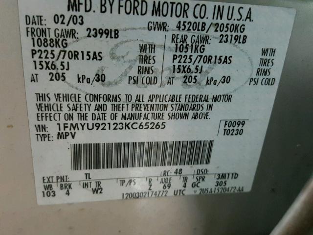 1FMYU92123KC65265 - 2003 FORD ESCAPE SILVER photo 10