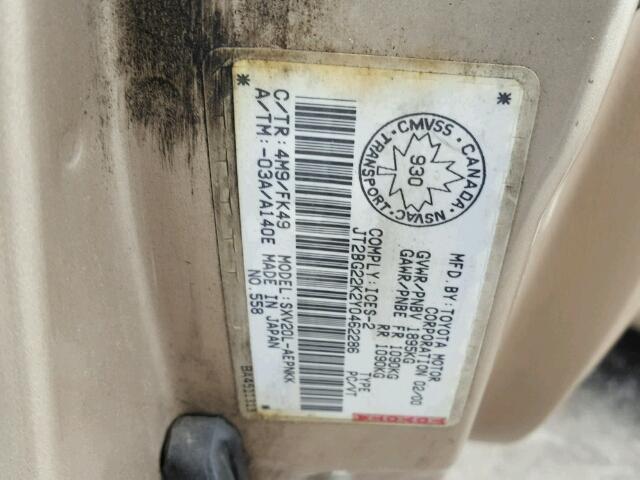 JT2BG22K2Y0462286 - 2000 TOYOTA CAMRY CE BEIGE photo 10