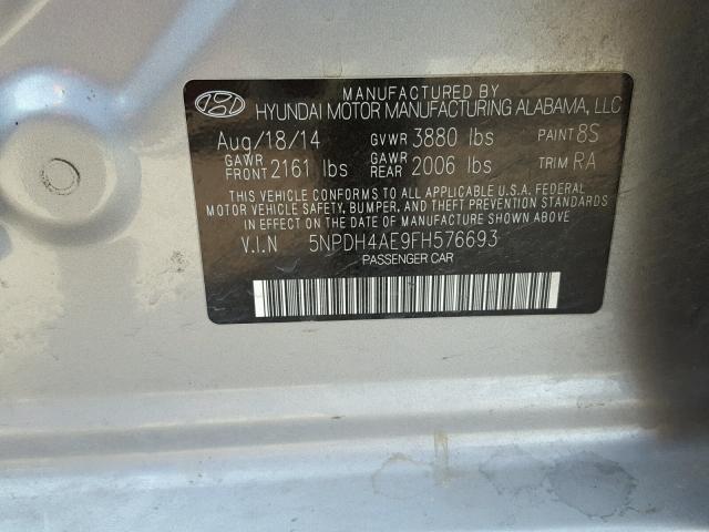 5NPDH4AE9FH576693 - 2015 HYUNDAI ELANTRA SE GRAY photo 10