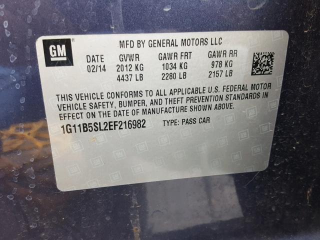 1G11B5SL2EF216982 - 2014 CHEVROLET MALIBU LS ნაცრისფერი ფოტო 10