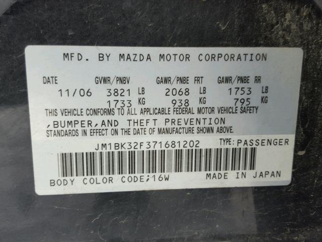 JM1BK32F371681202 - 2007 MAZDA 3 I BLACK photo 10