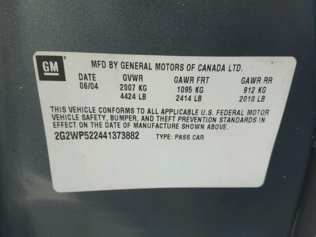 2G2WP522441373882 - 2004 PONTIAC GRAND PRIX BLUE photo 10