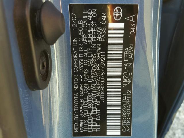 JTDKB20U787739211 - 2008 TOYOTA PRIUS BLUE photo 10