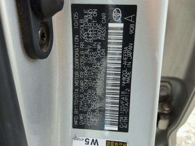 JTDKB20U253125184 - 2005 TOYOTA PRIUS SILVER photo 10