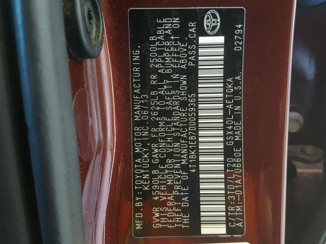 4T1BK1EB7DU059365 - 2013 TOYOTA AVALON BAS MAROON photo 10