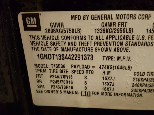 1GNDT13S442291373 - 2004 CHEVROLET TRAILBLAZE CHARCOAL photo 10