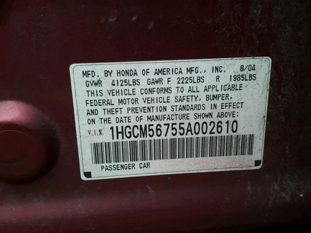 1HGCM56755A002610 - 2005 HONDA ACCORD EX RED photo 10