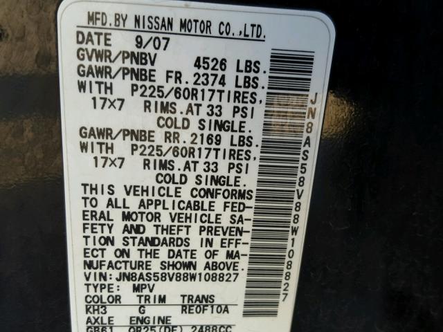 JN8AS58V88W108827 - 2008 NISSAN ROGUE S BLACK photo 10