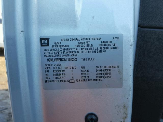 1GKLVMEDXAJ109292 - 2010 GMC ACADIA SLT SILVER photo 10