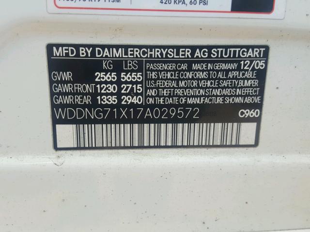 WDDNG71X17A029572 - 2007 MERCEDES-BENZ S 550 WHITE photo 10