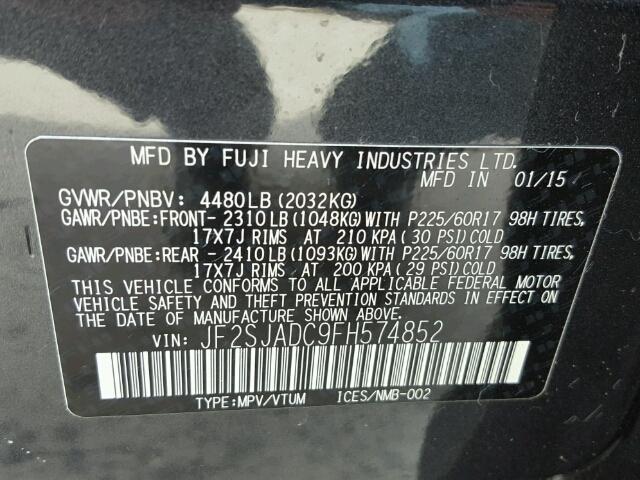 JF2SJADC9FH574852 - 2015 SUBARU FORESTER 2 GRAY photo 10