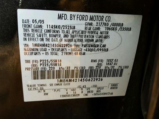 1MEHM42145G622926 - 2005 MERCURY MONTEGO PR 黑色 照片 10