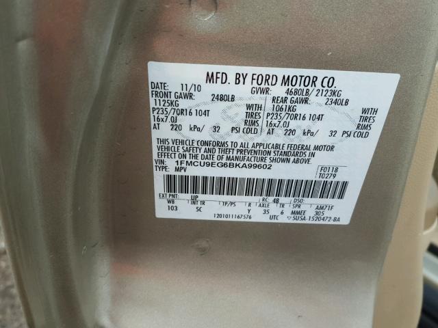 1FMCU9EG6BKA99602 - 2011 FORD ESCAPE LIM BEIGE photo 10