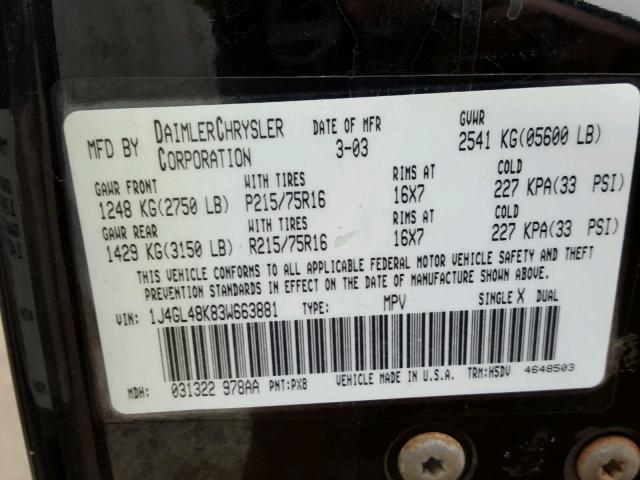 1J4GL48K83W663881 - 2003 JEEP LIBERTY SP BLACK photo 10