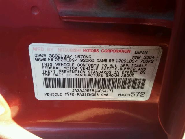 JA3AJ26E84U064171 - 2004 MITSUBISHI LANCER ES RED photo 10